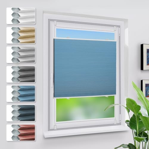 Grandekor Verdunklungsplissee Wabenplissee ohne Bohren Weiß-Himmelblau 70x110cm (BxH) Klemmfix Plissee ohne Bohren Verdunkelung Thermo Rollo Wärmedämmung, Privatsphäre - & Sonnenschutz