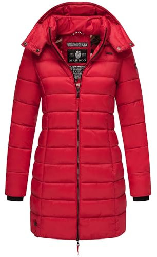 MARIKOO Damen Wintermantel Warmer Steppmantel lang mit Abnehmbarer Kapuze Abendsternchen Deep Red Gr. L