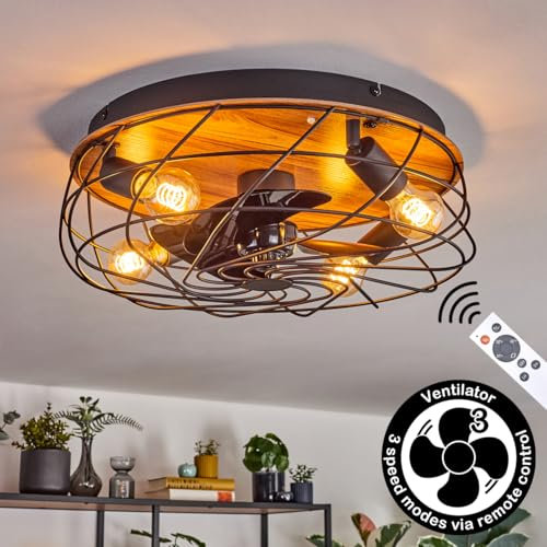 Ventilador de techo LED Tourais, ventilador de metal/MDF en negro/efecto madera, en diseño retro/vintage en efecto rejilla, efecto de luz y mando a distancia, salón, dormitorio, comedor