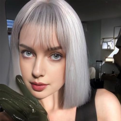 PARXITN Kurze Bob Silbern Haar Perücken Gerade mit Flach Pony 12 zoll/30 cm Synthetische Bunte Cosplay Halloween Karneval Fasching Tägliche Party Perücke für Frauen