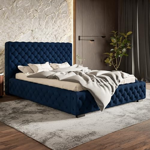 MOTIVENA Dianna Chesterfield Polsterbett 180x200 mit Bettkasten, Chesterfield Bett 180x200 mit Stauraum, Bett Kopfteil Samt, ohne Matratze, Bett Samt, Polsterbett 180x200 Blau Dunkelblau