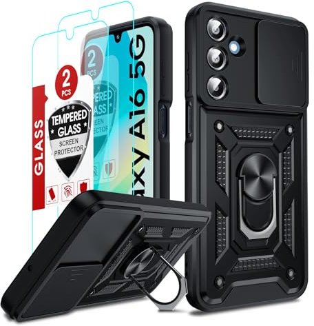 LeYi Coque pour Samsung Galaxy A16/A 16 5G/4G Antichoc avec 2*Verre Trempé+Full Protection Caméra Coulissante,Anneau Support, Étui de PC Dur et TPU Cover Silicone Militaire Anti-Rayures Housse,Noir