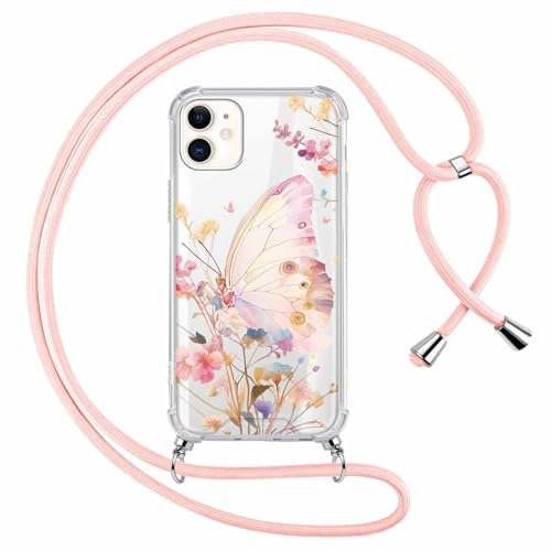 Saqmkil Handykette Handyhülle für iPhone 12/iPhone 12 Pro 6,1 Hülle mit Band, Durchsichtig Aesthetic Muster Schmetterlinge Case mit Kordel zum Umhängen, Weiche Silikon TPU + PC Stoßfest Schutzhülle