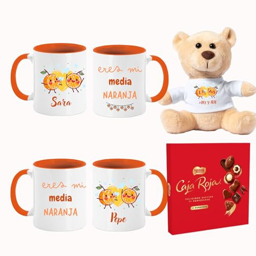 TAZALAND | Regalo Personalizado San Valentín | Pack 2 Tazas - Media Naranja + Osito Personalizado + Bombones | Regalos Originales Mujer Hombre | Regalos para Parejas, Novia, Novio | Detalle Romántico