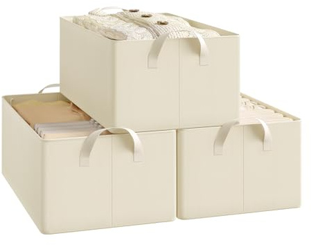 WOLTU Aufbewahrungsbox 3 Stück, mit Griffen, faltbar, Creme,47x20x28cm | aus Polyesterstoff, für Schlafzimmer, Arbeitszimmer, Wohnzimmer, für Kleidung Spielzeug, Organizer Box mit Griffen, faltbar,