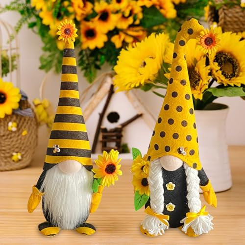 Yarteim Bienen Wichtel, Frühling Deko Wichtel Figuren Sommer, Stehende Niedliche Frühling Wichtel mit Sonnenblume, Bee Plüsch Puppe Zwerg Dekorationen für Home Farmhouse Kitchen Decor