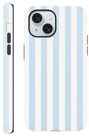 Yirlbey Gestreift Sommer Handyhülle für iPhone 15 Hülle 6,1, Aesthetic Summer Stripes Striped Streifen Muster Design für Mädchen Schutzhülle Zweischichtige Stoßfest Bunt Silikon TPU Case, Blau Stripe