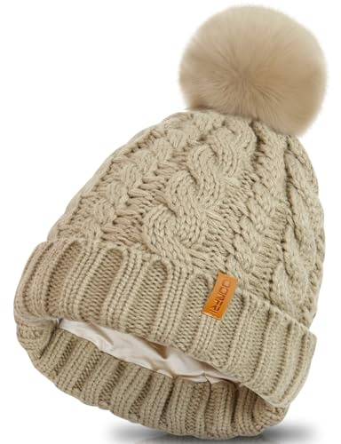 Donfri Mütze Damen Satin Beanie Wintermütze Damen Warme Winter Strickmütze Hat mit Bommel Geschenk