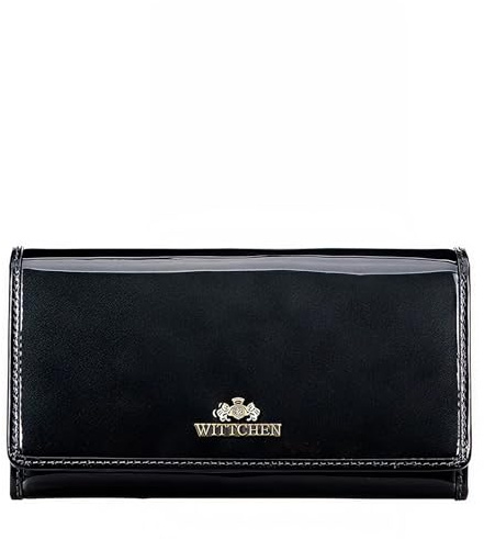 WITTCHEN Lackleder Geldbörse | Damen Geldbörse groß | echtes Leder | mit Druckknopf | RFID-Schutz | Kartenfächer | Reißverschluss | 18,5 × 10,5 × 1,5 cm | Kollektion Florence | Dunkelgrau