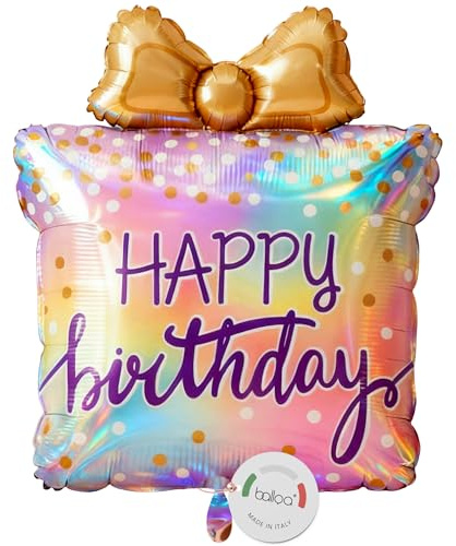 balloa Folienballon Geschenk Regenbogen Happy Birthday, XXL Deko, 51 cm | Geschenk-Design im Regenbogen-Look mit goldener Schleife, XXL, heliumgeeignet, ungefüllt, bunte Geburtstagsdeko