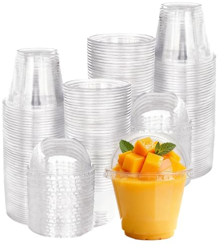 Hniuyun 100 Pack 9 oz Clear Plastic Dessert Cups with Dome Lids, Reusable Serving Bowls for Yogurt Parfait Pudding Mousse Ice Cream, Ideal for Parties Weddings