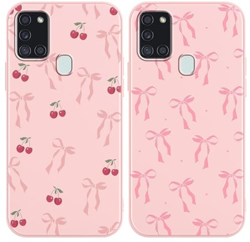 Yirlbey 2 Stück Handyhülle für Samsung Galaxy A21s 4G Hülle 6,5, Aesthetic Muster Schleifen Kirsche Motiv Design Weiche TPU Ultra Dünn Bunt Silikon Schutzhülle Kratzfeste Stoßfest Case für Mädchen