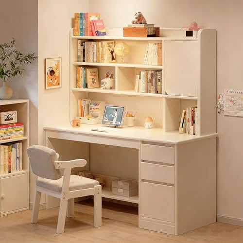 Moderner Home-Office-Schreibtisch mit Ablagefläche，Computertisch aus Holz mit Schubladen und Ablagen Arbeitsplatz mit Aufsatz und Bücherregal Schreibtisch für Wohnzimmer,(Size:120x45x165cm,Color:Weiß)