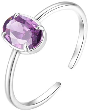 Mesnt Adjustable Rings for Women, Ladies 18K White Gold Solitaire Open Adjustable Ring with 5x7mm Oval Amethyst, Size H 1/2