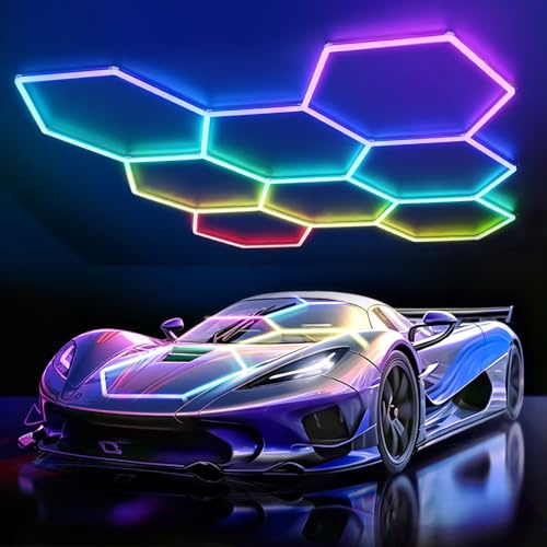 TAUDUDE RGB LED Hexagon Beleuchtung 8 Hex Deckenleuchten Lampe für Garage | 6500K dimmbare Werkstattbeleuchtung sechseckig Lampe für Fitnessstudio Auto-Schönheitssalon Bar Party Gaming E-Sport-Raum
