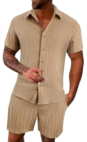 Zweiteiler Herren Leinenanzug Sommer Freizeitanzug 2-teilig Kurzarm Button-Up Hemd und Shorts Beach Shirt Kurze Hose Set Baumwolle Leinen Anzugs Jogginganzug für Urlaub Strand Alltag