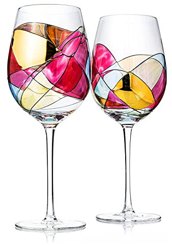 Juego de 2 copas de vino artesanales pintadas a mano, renacentistas, románticas, con vidrieras, idea de regalo para ella, él, cumpleaños, inauguración de la casa, copas de 29 onzas (con tallo)