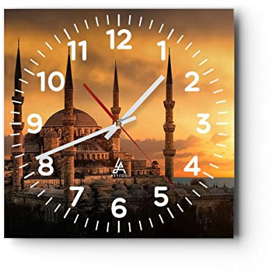 Modern Wanduhr Sonnenuntergang Istanbul türkei Reise 30x30cm Quadrat Klein Wand Uhr Glas Analog Zimmeruhren Küche Büro Wohnzimmer Glasuhr Wall Clock Dekoration Design Küchenuhr C4AC30x30-2846