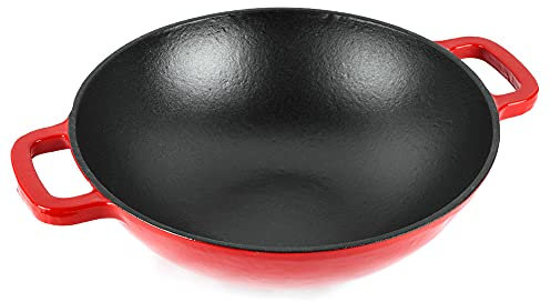 Magefesa Ferro - Wok Rojo de 30cm, Hierro Fundido, Óptima Retención, Reparto del Calor, Para Todo Tipo de Cocinas, Inducción, Libre de PFOA-PTFE