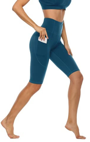 Anwell Short Hose Damen mit Tasche Yogahose Bauchweg Sommer Sport Legging High Waist Outdoor Fitnesshose stützende Dunkelgrün S