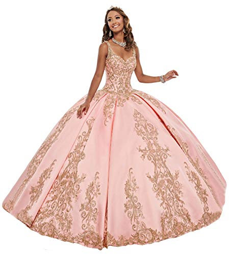 Snow Lotus Robe de bal pour femme avec bretelles spaghetti et applique Quinceanera en satin et perles - Rose - 38