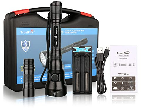 TrustFire 3T6Pro Taschenlampe, 5200 lm, superhell, Reichweite 602 mit 3 LEDs, Akku, 1 x Ladegerät für TR-016 und 1 x verlängertes Rohr