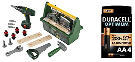 Theo Klein 8429 Bosch Tool Box I With Saw, Hammer, Pliers and Much More I Battery-Powered Cordless Screwdriver, Duracell Optimum AA Alkaline Batteries [Pack of 4] 1.5 V LR6 MN1500