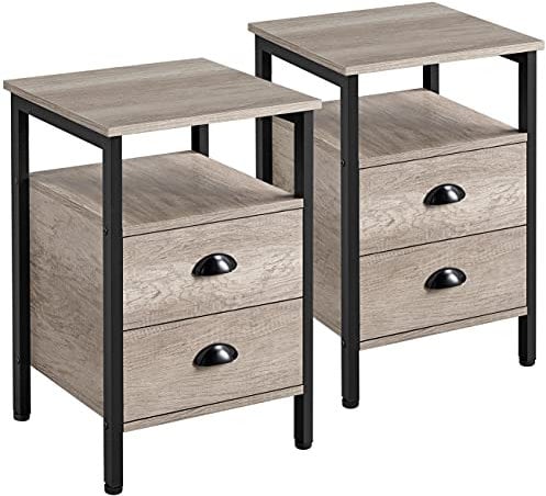 Yaheetech Nachttisch 2er Set Nachtschrank Nachtkommode mit Schubladen und Ablagefach Metallgestell Beistelltisch Couchtisch für Wohnzimmer, Schlafzimmer, Grau