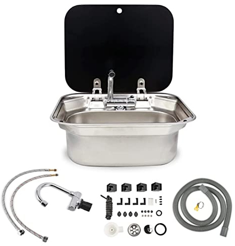 Fregadero para exteriores, fregadero de acero inoxidable, lavamanos de cocina con tapa, grifo de vidrio frío y caliente para caravana, caravana, barco, bar, colador de boquilla, juego completo