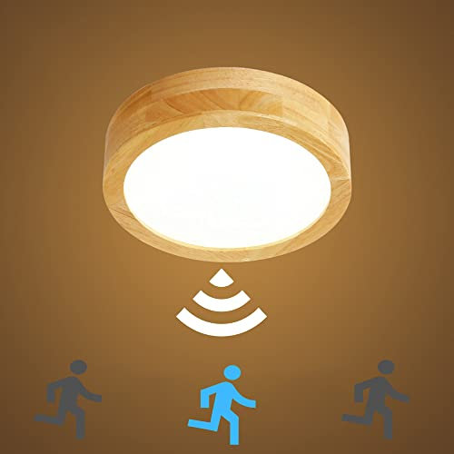 XKAI Motion Sensor LED Wood Panel Lights - 12W PIR Flush Ceiling Lamp - Round Warm White Indoor Lighting for Hallway, Balcony, Stairwell