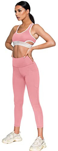 Miss DNMC Leggings sportivi da donna a vita alta con tasche, controllo della pancia, anti cellulite, sollevamento testa, vita alta, collant da corsa, pantaloni da yoga, Rosa cipria, L