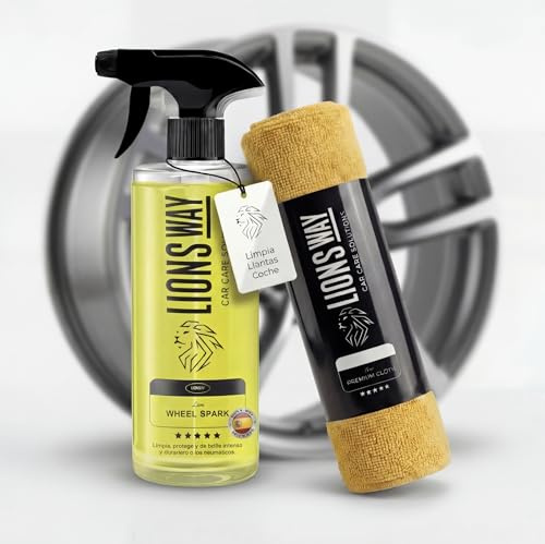 LionsWay: Limpia Llantas Coche y Moto. 3-en1 Profesional: Limpia, Desengrasa y Abrillanta. Potente Limpiador Neutro sin Ácido para Llantas de Aluminio, Acero y Cromadas. (500ml + Bayeta Premium).