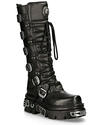 New Rock Stivali Alti fino alle Ginocchia 272-S1 in Pelle Nera Metallizzata con Chiusura con Lacci e Fibbia Stile Emo Gotico 8