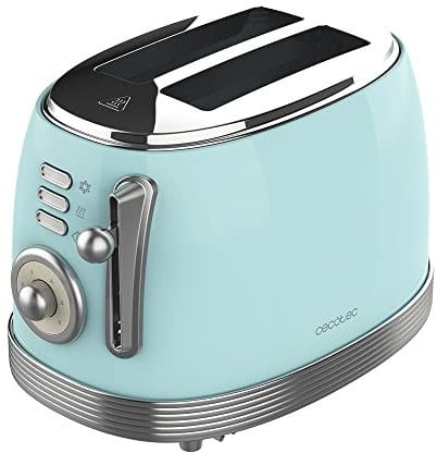 Cecotec Toaster Toast&Taste 800 Vintage Light Blue, 850 W, Doppelte Extra breite Kurzschlitze von 3,8 cm, 2 Toastscheiben, Edelstahl-Finish, Vintage-Stil, 3 Funktionen, Blau