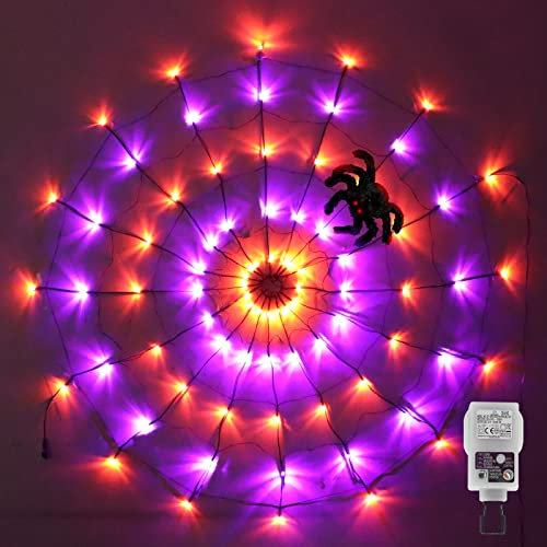 CORST Halloween Spinnennetz Lichter, 3.9FT 80LED Lichternetz mit Stecker 8Modi schwarzer Spinnen Fenster Dekoration für gruselige Halloween Spooky Nacht (Orange+Lila)