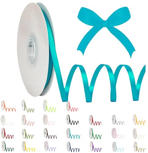 POPOYU Satinband 6mm Pfauenblau,Pfauenblau Band 6mm Natur,91m Dünn Geschenkband,Geschenkband und Schleifen für Geschenken,Bastelarbeiten,Haare,Ostern,Weihnachten,Hochzeit,Luftballons
