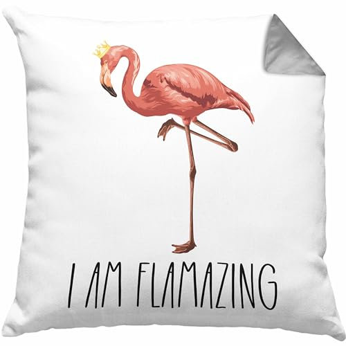 Trendation Flamingo Kissen mit Füllung 40x40 Geschenk Flamazing Geschenkidee Tiere Frauen Lustiger Spruch (Grau)
