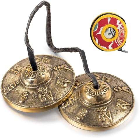 Tingsha Tibétain,Conque Tibétaine,Tingsha Cymbales,Cymbales Tibétaines,Cloche Tibétaine,Carillons Cloches,Mantra-Om Mane Padme Hum(petit,laiton) (A)