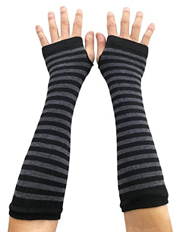 AUSUAYA Gestreifte Handschuhe, lang, fingerlos, gestrickte Armstulpen für den Winter, für Punk, Rock und Cosplay, Gothic, Halloween-Party, GB-WM-S-G5, Schwarz und Dunkelgrau gestreift, One size