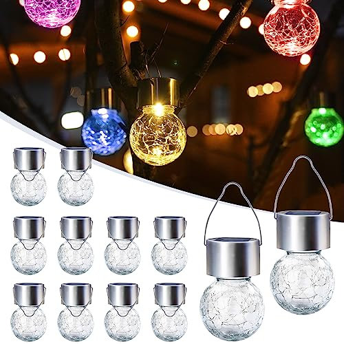 GIGALUMI 12 Pack Solar Outdoor Lights, Solar Hanging Lights for Christmas Decoration-Cracked Glass Solar Lights Outdoor Waterproof for Garden, Yard, Fence, Tree(Color Changing)
