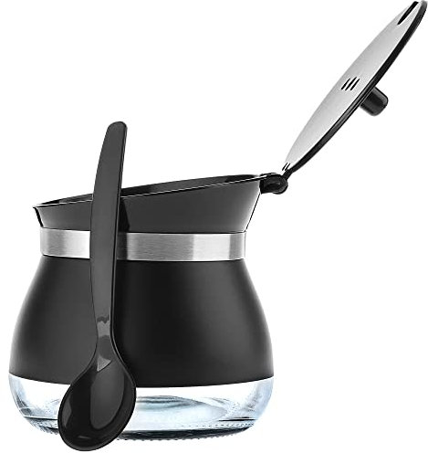 KADAX Zuckerdose mit Löffel, 270ml Zuckerbehälter aus pulverbeschichtetem Glas, 9x9cm Zuckerstreuer in 2 Farben, Gewürzdose mit Deckel für Tee, Zucker (Schwarz)