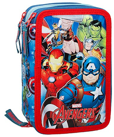 L'ERBAVOGLIO - AVENGERS - ASTUCCIO SCUOLA 3 ZIP ORIGINALE AVENGERS - COMPLETO DI 44 PEZZI - PRODOTTO UFFICIALE (AZZURRO/CELESTE)