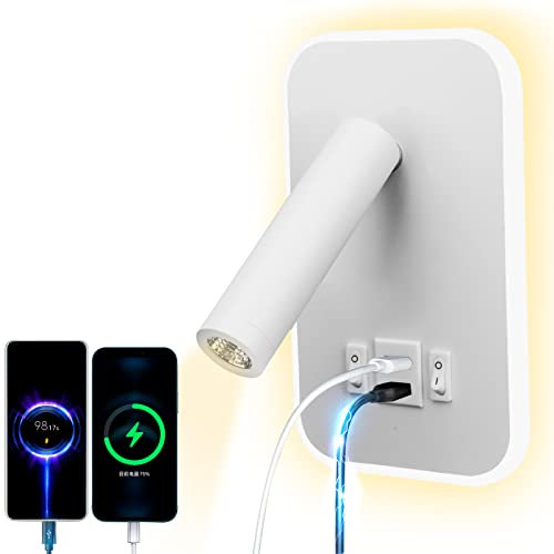 uksunvi LED Reading Light USB tipo - C Double charge Electric Zut Switch se puede ajustar 12w LED Spotlight 3000k Wall Light Aluminium Bed Light se puede girar (Blanco rectangular)