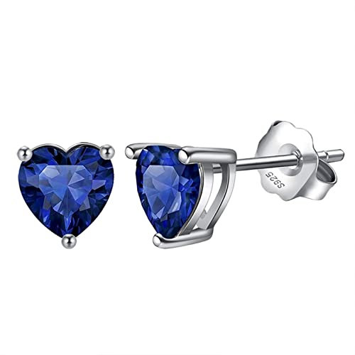 Bellitia Jewelry Boucles d'oreilles Coeur d'amour pour Femme, Clou d'oreilles en Argent Sterling 925 avec Saphir Bleu Coeur Facile Beaux Bijoux Cadeau pour les Femmes Filles