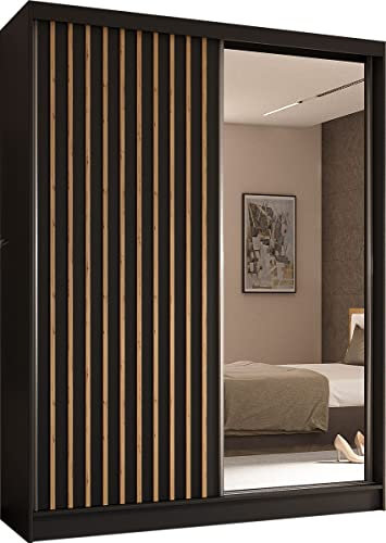 Moderner Kleiderschrank Schwebetürenschrank mit Spiegel und Holzlamellen 100 150 200 cm - Kleiderschrank für Schlafzimmer mit Schwebetüren - Kleiderstange - 160 cm - Schwarz / Artisan Lamellen