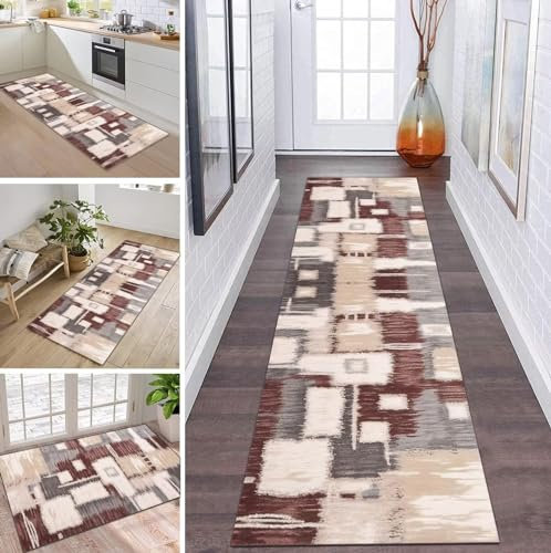 Teppich Läufer Flur Küche rutschfest waschbar Teppichläufer Lang Weinrot Grau 100X300CM Modern Design Meterware Korridor Tepiche Esszimmer Schlafzimmer Wohnzimmer Schmutzfangmatte Küchenteppich