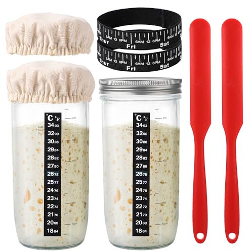 Tarro de Masa Madre, Sourdough Starter Kit Tarro de Vidrio Correa de Tiempo de Fermentación Termómetro Espátula de Silicona Tapa de Tela Kit de Inicio de Pan Para Cocina Hogar