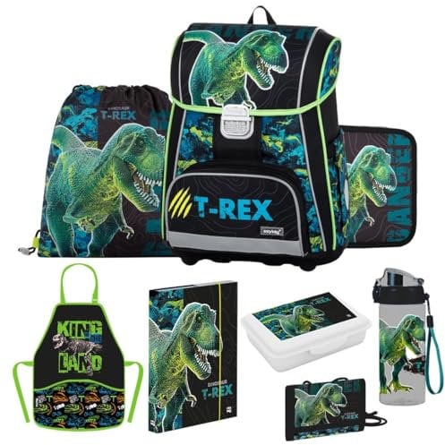 OXY BAG Schulranzen 8tlg. Premium mit Dinosaur-Motiv | Ergonomische Schulrucksack Set, Sportbeutel, Federmappe, Kunstponcho, Trinkflasche, Snackbox & mehr | Ideal für 1. - 3. Klasse (Schulstart)