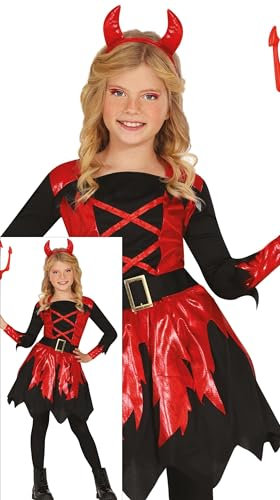 FIESTAS GUIRCA Déguisement de diable ardent pour filles – Comprend un serre tête à cornes de diable et une robe rouge brillante diable – Costumes d'Halloween pour filles de 7 à 9 ans
