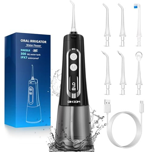 Munddusche Kabellos Elektrischer Zahnreiniger - DIHOOM 300ML Water Flosser 9 Mod & 4 Düsen, USB-Ladegerät Wasserdicht IPX7, Zahnreiniger für Zuhause und unterwegs (Schwarz)